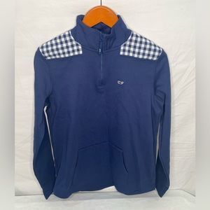 Vineyard Vines 100% cotton quarter zip plaid shoulder Sweater Sz S Blue